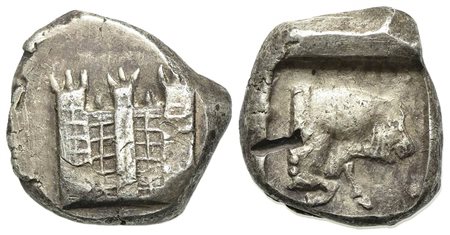 Asia Minor, Uncertain southern mint, Stater, 5th century BC. AR (g 11.08; mm 19; h 9). Crenelated city wall with three towers; Rv. Forepart of bull advancing r. within incuse square. Unpublished in the standard references. Cf. Num