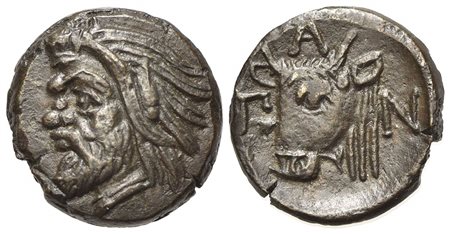 Cimmerian Bosporos, Pantikapaion, ca. 325-310 BC; AE (g 3,84; mm 16,5; h 12). Head of satyr l.; Rv. ΠAN, Head of bull l. Anokhin 1046; MacDonald 67. Near extremely fine