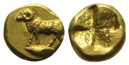 Mysia, Kyzikos, Hekte – Sixth Stater, ca. 500-450 BC; EL (g 2,67; mm 9). Ram standing l. on tunny l.; Rv. Quadripartite incuse square. Von Fritze I 91; SNG BnF 228. Extremely fine