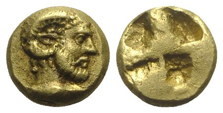 Mysia, Kyzikos, Hekte – Sixth Stater, ca. 500-450 BC; EL (g 2,42; mm 8). Head of Zeus-Ammon r. on tunny r.; Rv. Quadripartite incuse square. Cf. Von Fritze I 130 (unlisted denomination); cf. SNG BnF 281 (stater). Extremely Rare, n