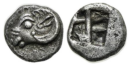 Troas, Kebren, Hemiobol, late 6th-early 5th centuries BC. AR (g 0,52; mm 7). Head of ram l.; Rv. Quadripartite incuse square. Klein 815; SNG München 282. Very fine