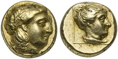 Lesbos, Mytilene, Hekte - Sixth Stater, ca. 377-326 BC; EL (g 8,58; mm 18; h 11); Laureate head of Apollo r. Rv. Head of female r. within linear square. Bodenstedt Em. 95; HGC 6, 1021. Good very fine