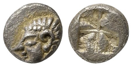 Ionia, Kolophon, Hemiobol, late 6th century BC; AR (g 0,41; mm 6; h -); Archaic head l.; Rv. Incuse square punch. SNG Kayhan 342. Good very fine