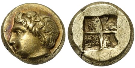 Ionia, Phokaia, Hekte – Sixth Stater, ca. 387-326 BC; EL (g 7,35; mm 18; h 12); Wreathed head of young Pan l., wearing wreath of ivy; [seal below] Rv. Quadripartite incuse square. Bodenstedt Em. 97; SNG von Aulock 2123; SNG Copenh