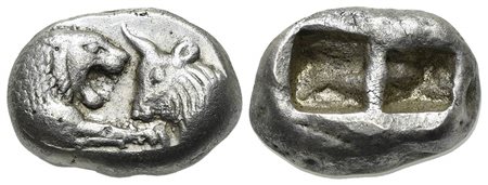 Kings of Lydia, Kroisos (ca. 564/53-550/39 BC), Sardes, Stater – Double Siglos. AR (g 10.36; mm 18.5). Confronted foreparts of lion r. and bull l.; Rv. Two incuse squares of unequal size. Berk 20; SNG Kayhan 1018; SNG von Aulock 2