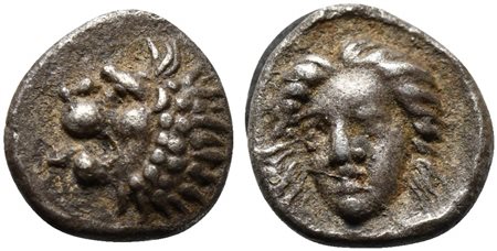 Satraps of Caria, Hekatomnos (ca. 392/1-377/6 BC); AR Tetartemorion (g 0,22; mm 6; h 12); Forepart of a roaring lion l.; Rv. Laureate head of Apollo facing slightly l. Klein 507; SNG Tübingen 3312. Good very fine