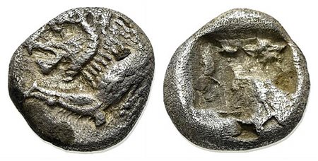 Caria, Mylasa, Tetrobol, ca. 520-490 BC. AR (g 1,73; mm 10). Forepart of roaring lion l.; Rv. Rough incuse punch. SNG Kayhan 933. Rare, near very fine