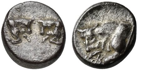 Caria, Uncertain, Hemiobol, ca. 500-450 BC; AR (g 0,25; mm 7; h 12); Confronted foreparts of two bulls; Rv. Forepart of bull l. SNG Keckman 912; SNG Kayhan 968-70. Good very fine