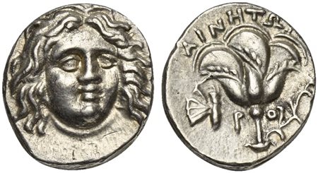 Islands of Caria, Rhodos, Rhodes, Drachm, ca. 205-190 BC; AR (g 2,79; mm 15; h 11); Ainetor, magistrate; Head of Helios facing slightly r. Rv. R-O, Rose with bud to r.; AINHTΩ[P] above, butterfly to left. Ashton 282; SNG Keckman 5