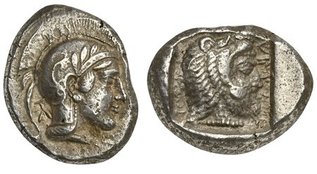 Kings of Lycia, Kherei (ca. 410-390 BC); AR Stater (g 8,50; mm 22; h 9); Telmessos mint. Helmeted head of Athena r., wearing crested Attic helmet decorated with four olive leaves and spiral; Rv. Head of Herakles r., wearing lion's