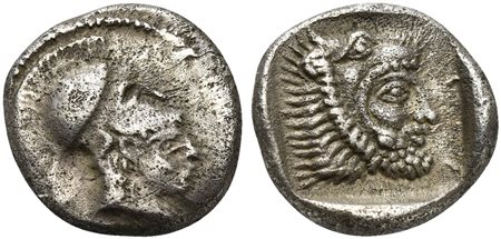 Kings of Lycia, Erbbina (ca. 390-380 BC); AR 1/6 Stater (g 1,49; mm 12; h 3); Head of Athena r., wearing Corinthian helmet decorated with palmette; Rv. Bearded head of Herakles r. within incuse square. Traité II 383. Very fine