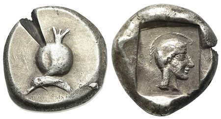 Pamphylia, Side, Stater, ca. 479-460 BC. AR (g 10.45; mm 19; h 11). Pomegranate; below, dolphin l.; Rv. Helmeted head of Athena r. within incuse square. SNG BnF 625; SNG von Aulock 4760; BMC 1. Test-cut, otherwise good very fine