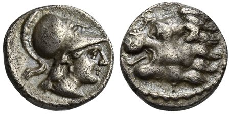 Pamphylia, Side, Obol, ca. 370-360 BC; AR (g 0,85; mm 9; h 3); Head of lion l.; Rv. Helmeted head of Athena r., wearing necklace. SNG France 739; SNG von Aulock 4775. Good very fine