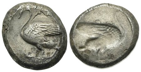 Cilicia, Mallos, Brockage Stater, ca. 440-390 BC. AR (g 10.84, mm 19, h 12). [M]A, Swan standing l. within incuse circle; Rv. Incuse of obverse. Cf. Casabonne Type 2 (Winged figure / swan r.). Good very fine