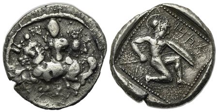 Cilicia, Tarsos, Stater, ca. 440-420 BC. AR (g 10.30, mm 23, h 9). Satrap on horseback l.; Rv. Hoplite kneeling r., wearing Corinthian helmet, holding spear and shield; all within diamond-shaped incuse. SNG BnF 211; SNG Levante -.