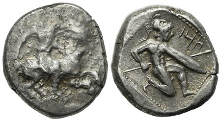 Cilicia, Tarsos, Stater, ca. 410-385 BC. AR (g 10.60, mm 21, h 9). Satrap on horseback r., holding lotus-flower; monogram to r.; Rv. Hoplite kneeling r., wearing Corinthian helmet, holding spear and round shield; all within dotted