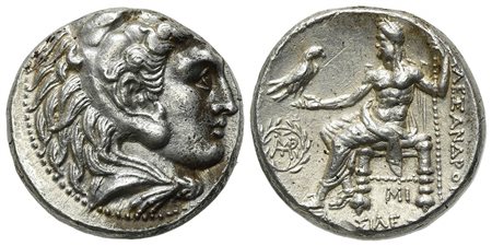 Seleukid Kings, Seleukos I Nikator (312-281 BC); AR Tetradrachm g 16.16, mm 26, h 12). In the name of Alexander III of Macedon. Babylon I, ca. 311-300 BC. Head of Herakles r., wearing lion skin; Rv. [BA]ΣIΛE[ΩΣ] AΛEΞANΔPOY, Zeus A