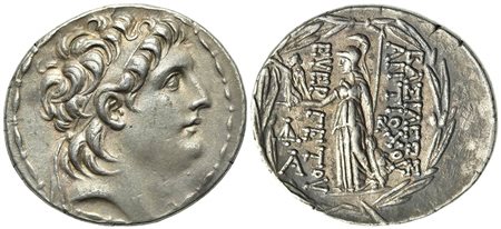 Seleukid Kings, Antiochos VII Euergetes (138-129 BC); AR Tetradrachm (g 16,73; mm 31,5; h 12). Antioch mint. Diademed head r.; Rv. BAΣIΛEΩΣ ANTIOXOY EYEPΓETOY, Athena Nikephoros standing l.; to outer l., monogram above A; monogram