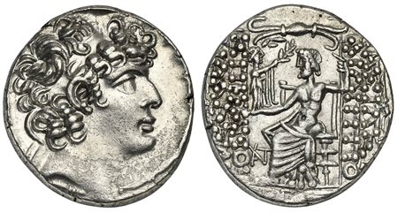 Seleukid Kings, Philip I Philadelphos (ca. 95/4-76/5 BC); AR Tetradrachm (g 15,54; mm 28; h 12); Posthumous issue under Roman Administration, 47/6-14/3. Antioch, year 3 of the Caesarean Era (47/6 BC); Diademed head r. Rv. Zeus Nik