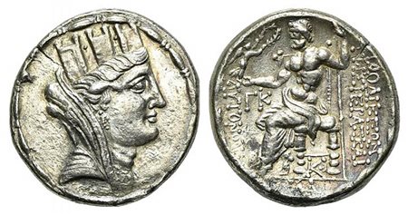 Seleukis and Pieria, Laodikeia, 78/7-16/5 BC; AR Tetradrachm (g 14,65; mm 26,5; h 12), year 23 (68/7 BC). Veiled, draped and turreted bust of Tyche r.; Rv. Zeus seated l., holding Nike and sceptre; monogram below; all within wreat