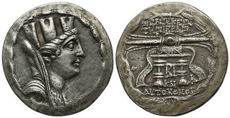 Seleukis and Pieria, Seleukeia Pieria, 105/4-83/2 BC; AR Tetradrachm (28mm, 14.48g, 11h), year 12 (98/97 BC). Veiled and turreted bust of Tyche r.; Rv. Filleted thunderbolt on throne; BI (date) below, monogram to lower r.; all wit