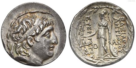 Kings of Cappadocia, Ariarathes VII (ca. 112/0-100 BC); AR Tetradrachm (g 16,52; mm 28; h 12); In the name of Antiochos VII of Syria, Ariaratheia or Eusebia-Tyana(?), ca. 104-102; Diademed head of Antiochos VII r.; Rv. BAΣIΛEΩΣ AN