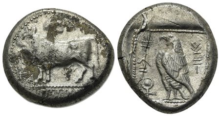 Cyprus Paphos. Onasi[...], Stater, mid 5th century BC. AR (g 10.86, mm 22, h 3). Bull standing l. on beaded double line; winged solar disk above, ankh to l.; all within dotted circular border; Rv. Eagle standing l.; ankh to l.; al