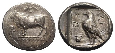 Cyprus, Paphos. Stasandros (ca. 450 BC). AR Stater (g 10,86; mm 23; h 5). Bull standing l.; winged solar disk above, ankh to r.; Rv. Eagle standing l.; one-handled vase to l.; all within dotted square in incuse square. Destrooper-