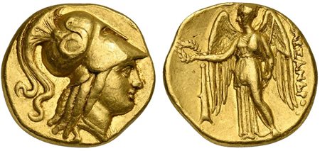 Cyprus, Salamis. Nikokreon (ca. 331-310 BC); AV Stater (g 8,53; mm 18; h 12); In the name and types of Alexander III of Macedon, ca. 323-317 BC; Helmeted head of Athena r.; Rv. [A]ΛEΞANΔPOY, Nike standing l., holding wreath and st