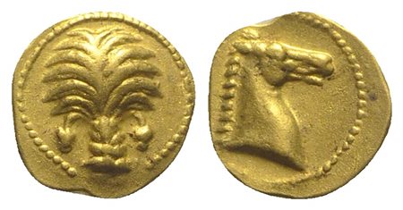 North Africa, Carthage, Tenth Stater, ca. 350-320 BC; AV (g 0,74; mm 7; h 6). Palm tree with two date-clusters; Rv. Head of horse r. Jenkins & Lewis Group III; MAA 8; SNG Copenhagen 133. Extremely fine