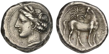 North Africa, Carthage, Shekel, ca. 300 BC; AR (g 7,47; mm 20; h 12); Wreathed head of Tanit l. Rv.Horse standing r., head l.; palm tree to l. in background. MAA 36; SNG Copenhagen 140. Good very fine