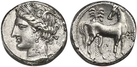 North Africa, Carthage, Shekel, ca. 300 BC; AR (g 7,35; mm 18; h 12); Wreathed head of Tanit l. Rv. Horse standing r., head l.; palm tree to l. in background, star to r. MAA 36; SNG Copenhagen 141-2. Very fine