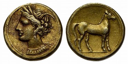 North Africa, Carthage, Stater, ca. 290-270 BC. EL (g 7,36; mm 20; h 12). Head of Tanit l., wearing wreath of grain ears; Rv. Horse standing r. Jenkins & Lewis Group VI. Very fine