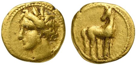 North Africa, Carthage, ca. 205-201 BC; EL (g 1,84; mm 11; h 12); Wreathed head of Tanit l., Rv. Horse standing r., head l. Jenkins & Lewis Group XIII, 462. Very rare, very fine