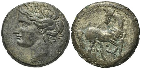 North Africa, Carthage, 1½ Shekels, ca. 203-201 BC; BI (g 9,80; mm 25; h 12). Wreathed head of Tanit l.; Rv. Horse standing r., head l.; pellet above bent foreleg. CNP 103b; MAA 81b; SNG Copenhagen 395. Good very fine