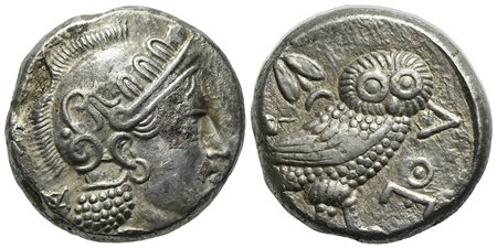 Pre-Seleukid Baktria, Tetradrachm, ca. 325-300 BC. AR (g 16,58; mm 23; h 8). Imitating Athens. Helmeted head of Athena r.; monogram behind; Rv. AΘE, Owl standing r., head facing; olive sprig, crescent behind and grape bunch to l. 