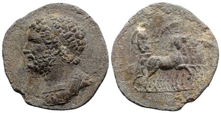 PB Medallion, uncertain date (g 74,71; mm 49; h 11). Diademed and bearded head in the style of of Philip II of Macedon to l.; Rv. BAΣΙΛΕ-ΩΣ ΑΕΧΑΝΔΡΟΥ, Nike standing in slow quadriga to r., holding filleted palm branch. Cf. A. Savi