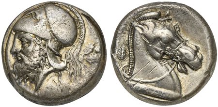 Anonymous, Didrachm, Neapolis, ca. 310-300 BC. AR (g 7,52; mm 18; h 6). Helmeted head of Mars l.; oak-spray behind, Rv. Horse’s head r., wearing bridle, set on base; grain stalk behind; ROMANO on base. Crawford 13/1; HNItaly 266; 