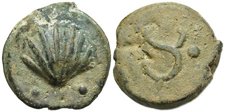 Anonymous, Rome, Cast Sextans, ca. 280 BC. AE (g 57.50; mm 36; h 9). Cockle shell; two pellets; Rv. Caduceus; two pellets. Vecchi ICC, 30; Crawford 14/5; HNItaly 272; RBW -. Green patina, very fine