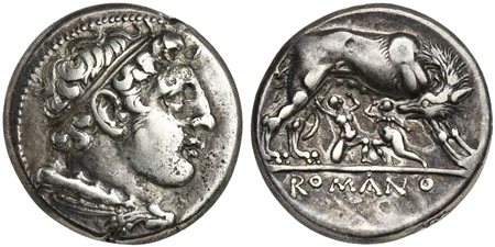 Anonymous, Didrachm, Rome, ca. 264-255 BC. AR (g 7,08; mm 20; h 6). Diademed head of young Hercules r., lion skin and club at neck, Rv. She-wolf standing r., head l., suckling Romulus and Remus; ROMANO in exergue. Crawford 20/1; R