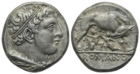 Anonymous, Didrachm, Rome, ca. 264-255 BC. AR (g 7,26; mm 19; h 11). Diademed head of young Hercules r., lion skin and club at neck, Rv. She-wolf standing r., head l., suckling Romulus and Remus; ROMANO in exergue. Crawford 20/1; 