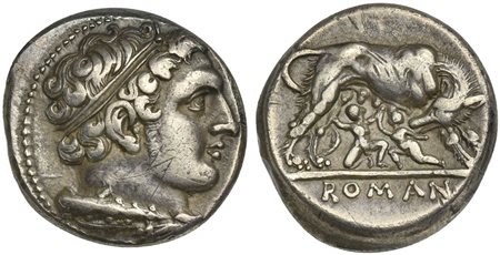 Anonymous, Didrachm, Rome, ca. 264-255 BC. AR (g 7,02; mm 20; h 8). Diademed head of young Hercules r., lion skin and club at neck, Rv. She-wolf standing r., head l., suckling Romulus and Remus; ROMAN[O] in exergue. Crawford 20/1;