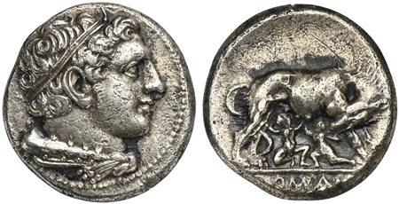 Anonymous, Didrachm, Rome, ca. 264-255 BC. AR (g 6,97; mm 20; h 7). Diademed head of young Hercules r., lion skin and club at neck, Rv. She-wolf standing r., head l., suckling Romulus and Remus; [R]OMA[NO] in exergue. Crawford 20/