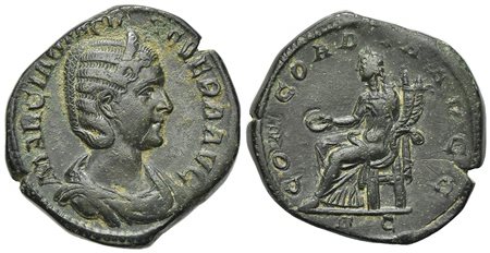 Otacilia Severa (Augusta, 244-249), Sestertius, Rome, AD 246. AE (g 20.59; mm 30; h 7). MARCIA OTACILIA SEVERA AVG, Draped bust r., wearing stephane; Rv. CONCORDIA AVGG, Concordia seated l., holding patera and double cornucopia. R