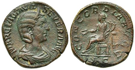 Otacilia Severa (Augusta, 244-249), Sestertius, Rome, AD 246. AE (g 24,43; mm 28; h 1). MARCIA OTACILIA SEVERA AVG, Draped bust r., wearing stephane; Rv. CONCORDIA AVGG, Concordia seated l., holding patera and double cornucopia. R