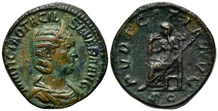 Otacilia Severa (Augusta, 244-249), Sestertius, Rome. AE (g 20,60; mm 30; h 12). MARCIA OTACIL SEVERA AVG, Diademed and draped bust r.; Rv. PVDICITIA AVG, Pudicitia seated l., drawing veil from her face and holding a sceptre, SC. 