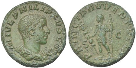 Philip II (Caesar, 244-247), As, Rome, AD 244. AE (g 9,76; mm 25; h 5). M IVL PHILIPPVS CAES, Bareheaded and draped bust r., Rv. PRINCIPI IVVENTVTIS, Philip II standing l., holding signum and spear. RIC 258b. Green patina, some ro