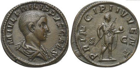 Philip II (Caesar, 244-247), Sestertius, Rome, AD 245. AE (g 21,68; mm 32; h 11). M IVL PHILIPPVS CAES, Bareheaded and draped bust r., Rv. PRINCIPI IVVENT, Philip II standing r., holding spear and globe. RIC 255a. Brown patina, ex