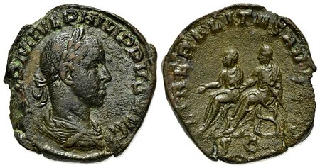 Philip II (Caesar, 244-247), Sestertius, Rome, 247-9. AE (g 17,69; mm 28; h 12). IMP M IVL PHILIPPVS AVG, Laureate, draped and cuirassed bust r.; Rv. LIBERALITAS AV[GG III], Philip I and Philip II, both togate and laureate, seated