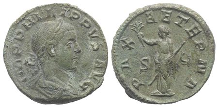 Philip II (247-249), Sestertius, Rome, 247-9. AE (29mm, 20.62g, 12h). IMP PHILIPPVS AVG, Laureate and draped bust r.; Rv. PAX AETERNA, Pax standing l., holding branch and sceptre. RIC 268a. Green patina, very fine